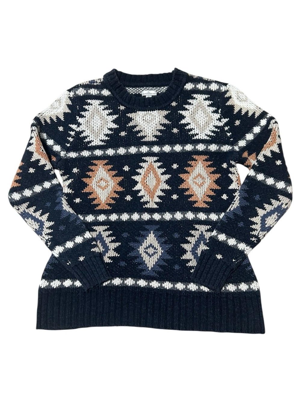 L.L. Bean Signature Cotton Aztec Geometric Fair Isle Knit Crewneck Sweater Sz Lg